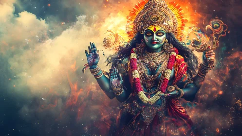 Hindu goddess figure stands amid glowing cosmic smoke