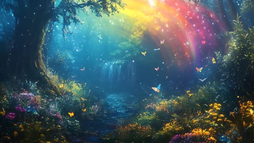 Rainbow-lit forest stream where butterflies paint the air.