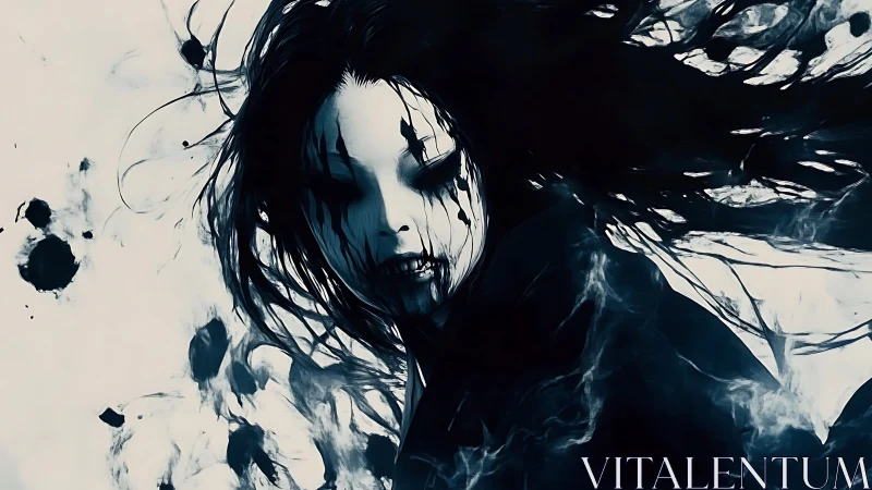 Spectral portrait with ink-smeared visage in motion blur.