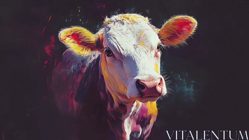 Vibrant bovine portrait with neon brushwork on deep black.