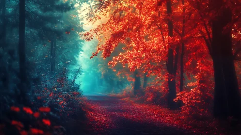 Autumn Forest Path with Red and Blue Lighting.