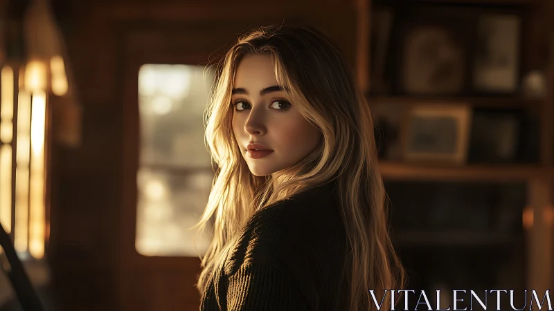 Young woman in golden hour light inside warm room.
