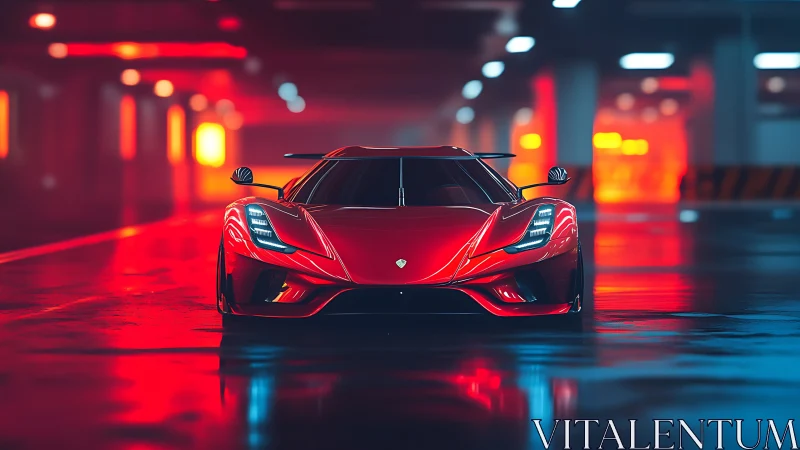Crimson supercar glows in neon-lit underground calm.