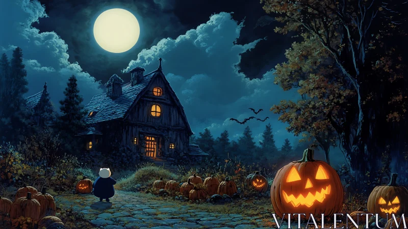 Full moon night scene with jack o lanterns and cottage.
