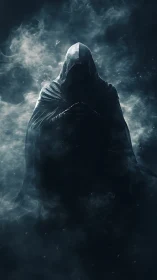 Hooded shadow oracle emerging from embers and mist.