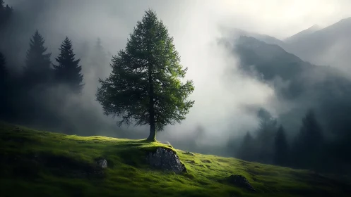 Solitary conifer on misty hillside in diffuse morning light.