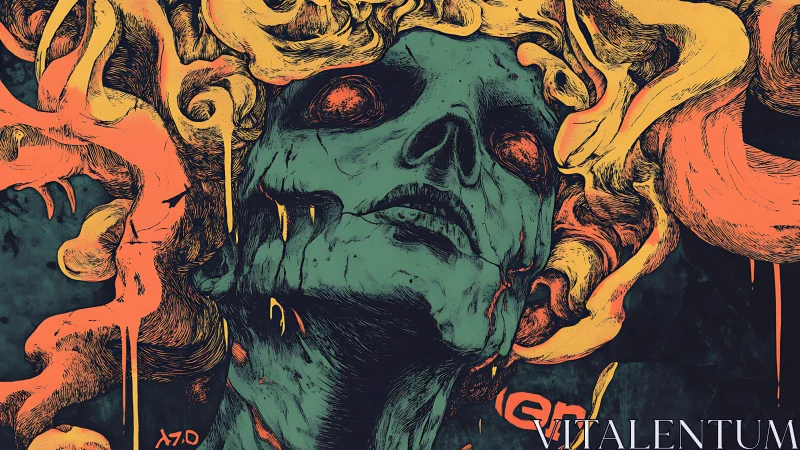 Medusa-like skull figure rendered with high-contrast colors