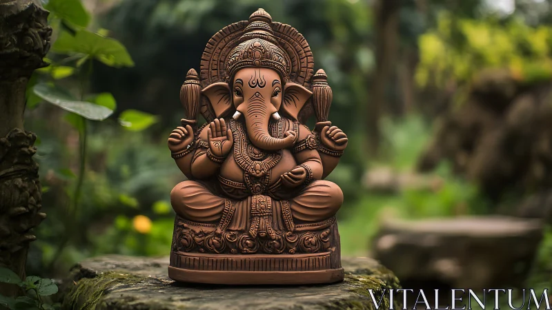 Terracotta Ganesha idol on mossy stone in lush garden setting.