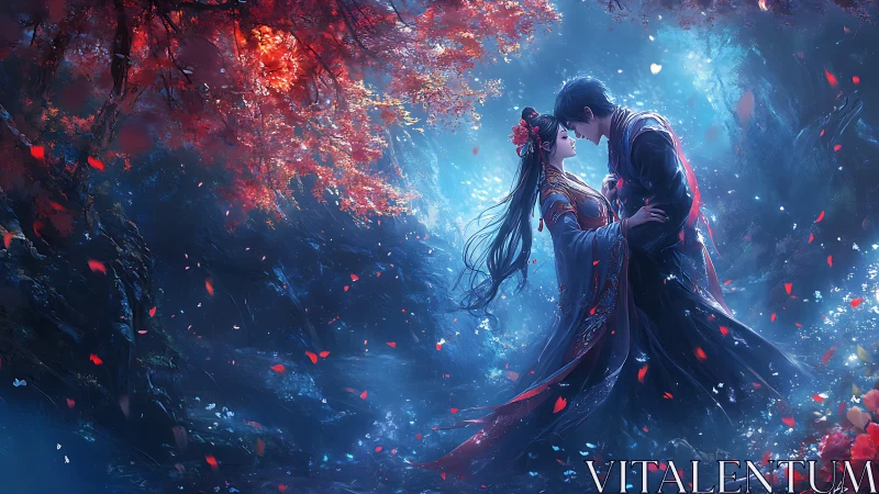 Moonlit Maple Vows Beneath a Storm of Crimson Petals.