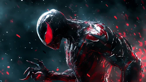 Crimson symbiote stalker in molten shards of starlight.