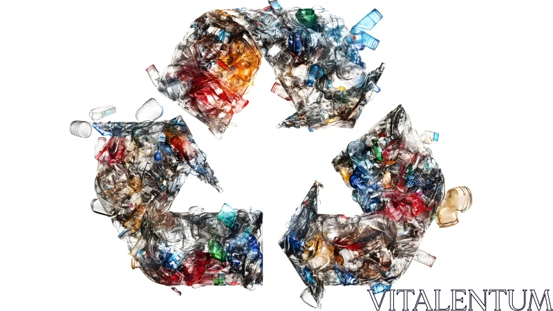 Recycling symbol made from colorful plastic bottles on white background.