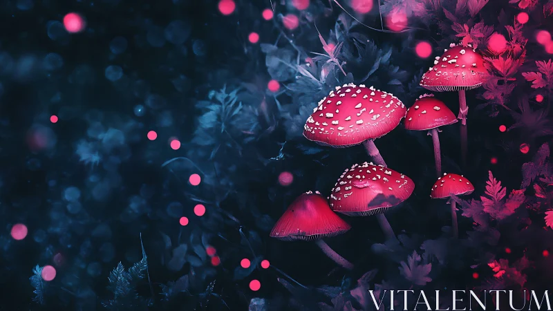 Neon forest mushrooms glow amid dreamy bokeh haze.