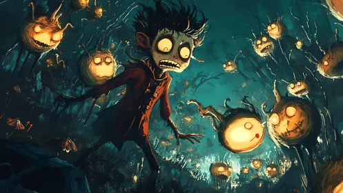 Cartoon figure in dark forest surrounded by glowing orbs.