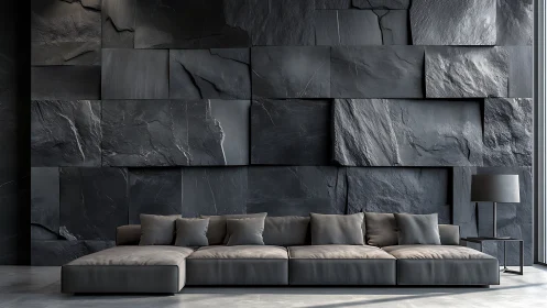 Minimalist grey sofa set against dramatic slate feature wall