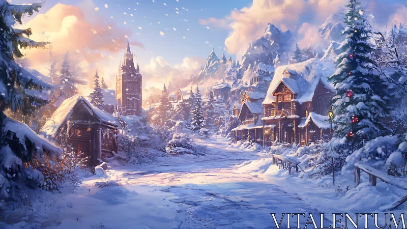 Snow covered mountain village street at winter sunset.