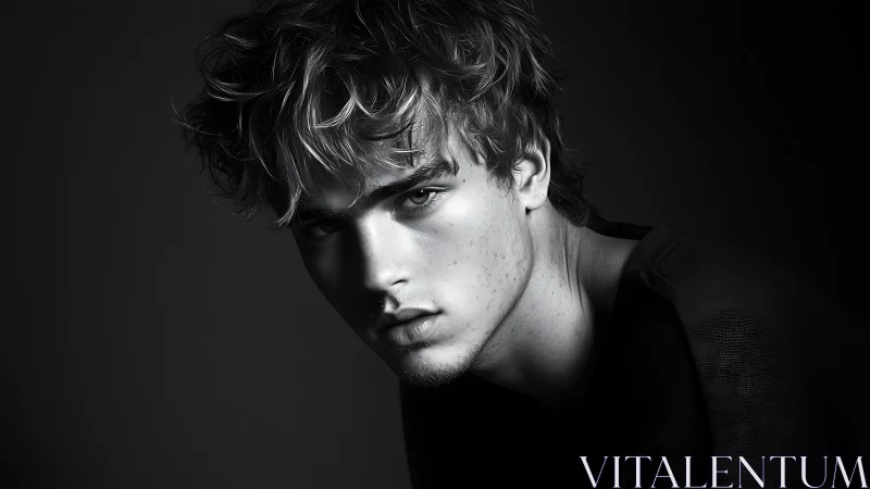 Monochrome male portrait under directional chiaroscuro light.
