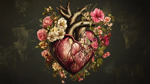 Anatomical heart displayed with ornamental floral composition surrounding central figure.