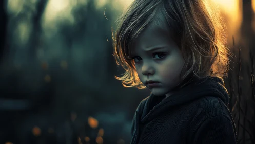 Child stands in low light outdoors with backlit hair visible
