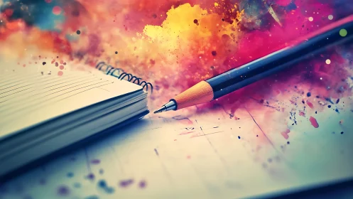 Notebook and paintbrush lie amid vivid digital color splashes