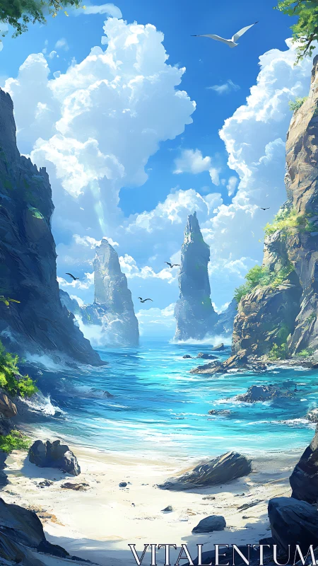 Towering Sea Cliffs Frame Turquoise Lagoon Paradise.