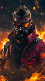 Post-apocalyptic fire operative in red tactical jacket portrait.