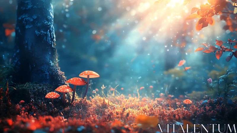 Bioluminescent Forest Floor With Red Mushrooms and Blue Atmospheric Light.