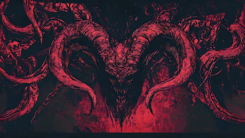 Central horned skull illustration occupies red and black field