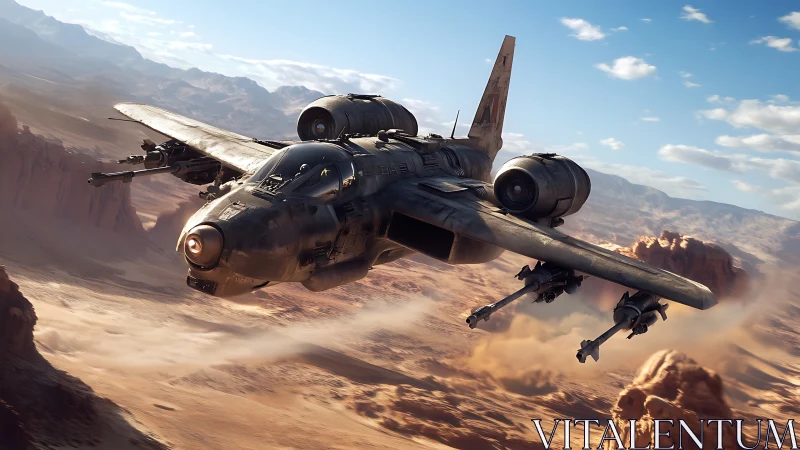 Futuristic gunship roars low over sunlit desert canyonscape.