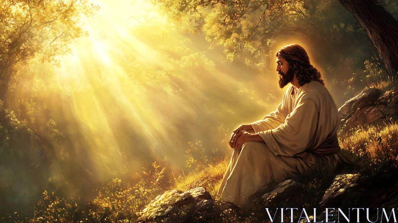 Man in robe sits on rocky hillside under intense sunlight