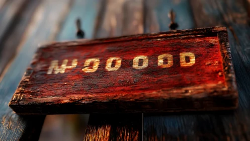 Rustic red wooden mood signboard in shallow focus close-up.