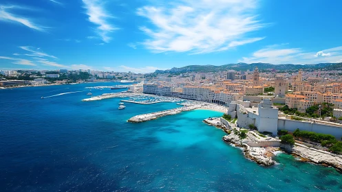 Aerial coastal panorama captures Mediterranean harbor and skyline