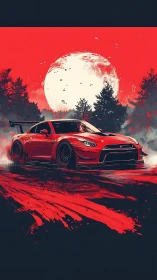 Digital painting of red sports car under lunar backlight.