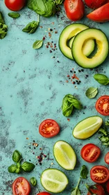 Fresh tomatoes, avocado and herbs frame rustic teal board.