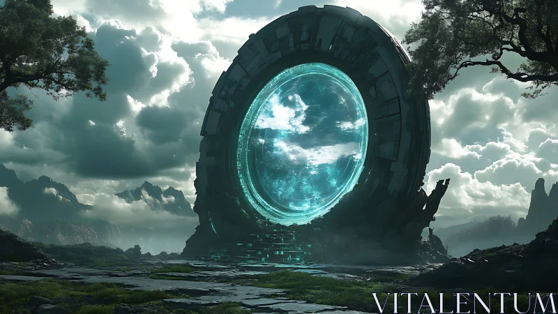 Cylindrical quantum gate embedded in mist-laden valley horizon.