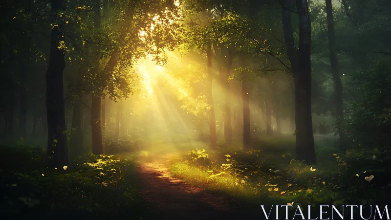 Sunlit forest path with magical morning light, digital art style.