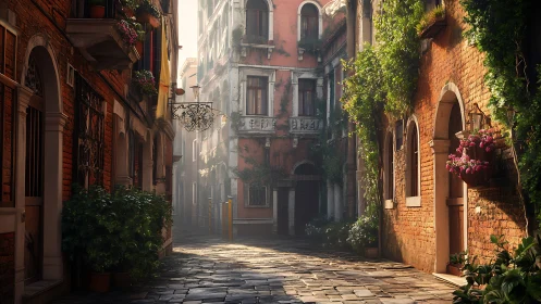 Sunlit Italian alley with ivy-covered brick facades.