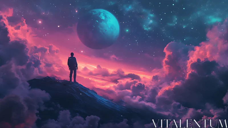 Solitary figure on ridge under magenta nebula and blue planet