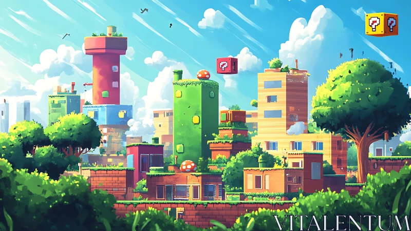 Colorful pixel cityscape with floating question blocks.