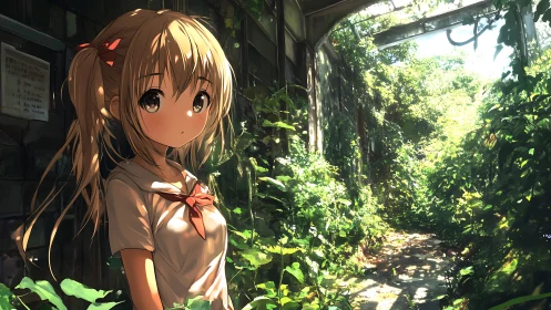 Sunlit anime corridor with overgrown botanical reclamation.