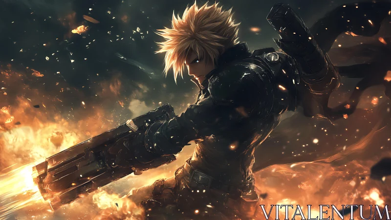 Blonde futuristic warrior firing cannon amid blazing ruins.