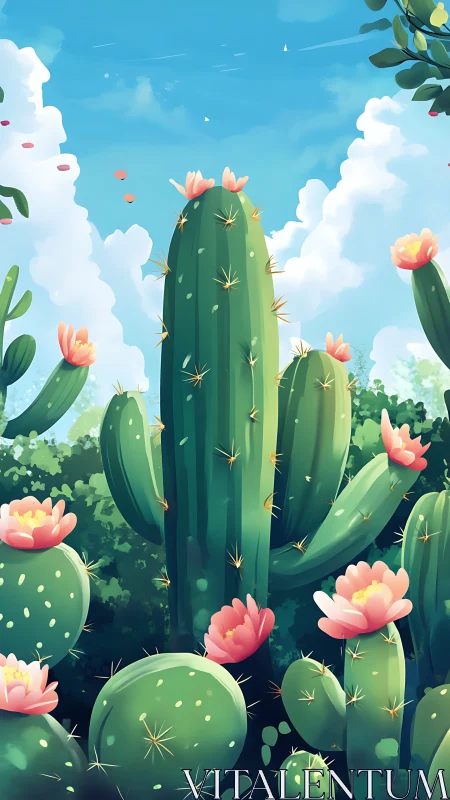 Vertical cactus cluster with pink blossoms under blue sky.