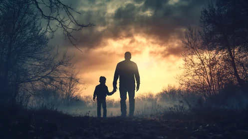 Silhouetted adult and child walking toward a foggy sunset.