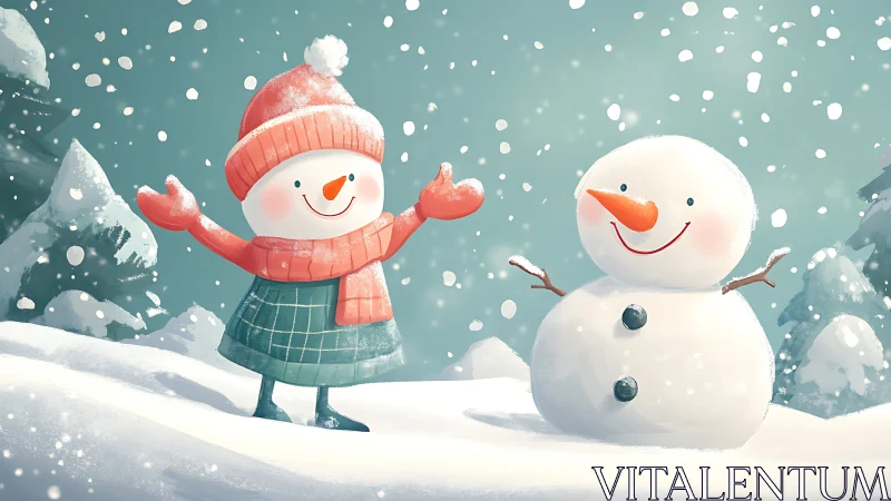 Joyful snowman friends celebrate a playful winter day.