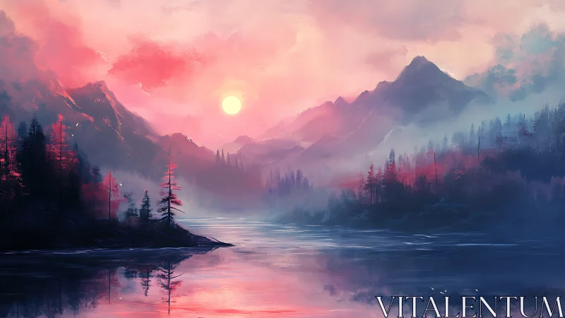 Sunset illuminates a mountainous lake with layered tree silhouettes