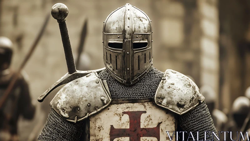 Tempered crusader in full plate and chain mail harnessed stance.