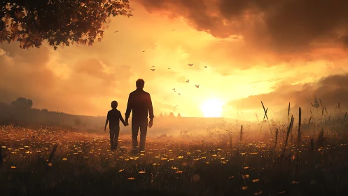 Sunset meadow footsteps where quiet fathers teach wonder.