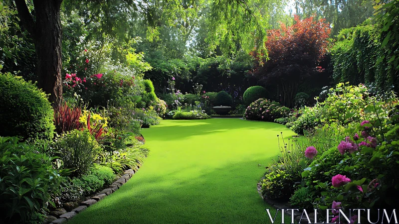 Sunlit garden lawn embraced by lush blooming borders.