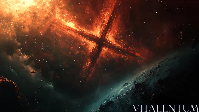 Colossal fiery space rift intersects orbiting shadowed planet