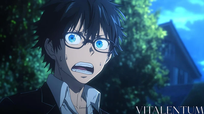 Nocturnal shock response in high-contrast anime portrait.