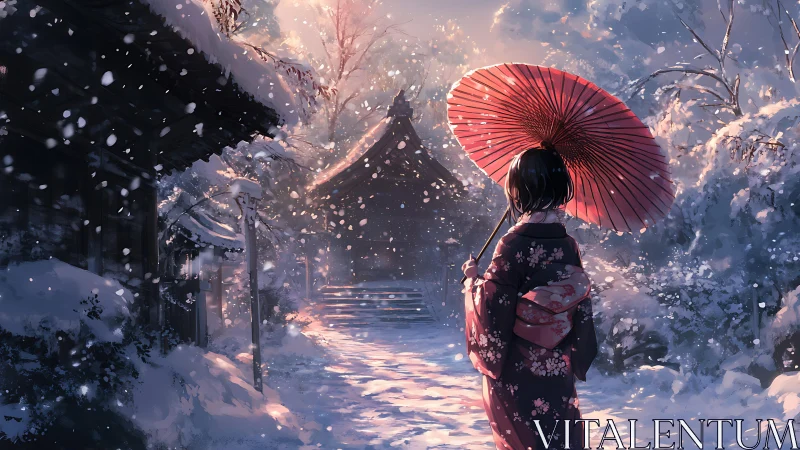 Backlit snowfall illuminates kimono figure beneath red wagasa